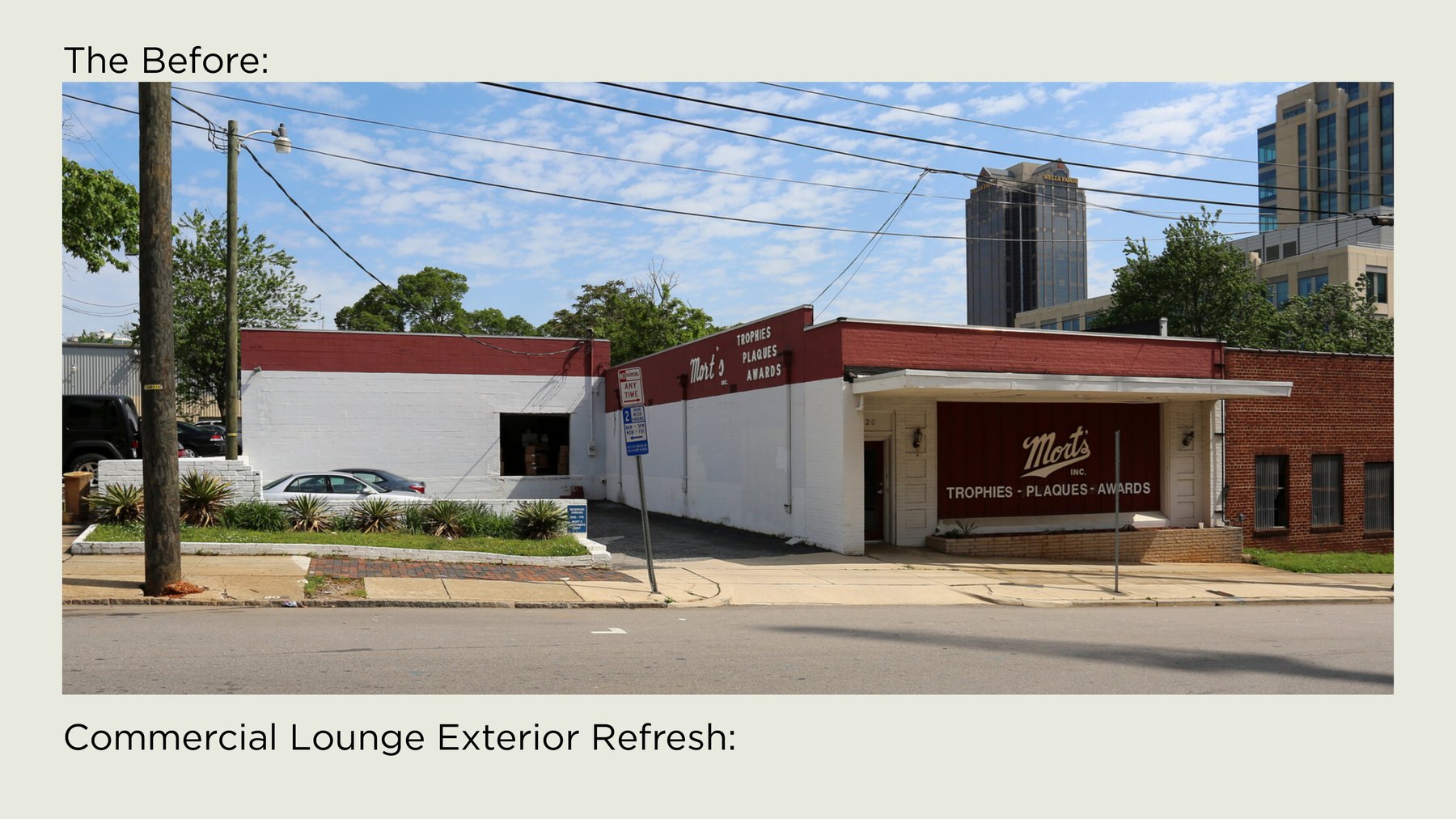 Before photo for a commercial lounge exterior refresh