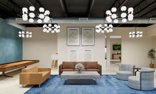 Modern common area lounge with lighting and seating